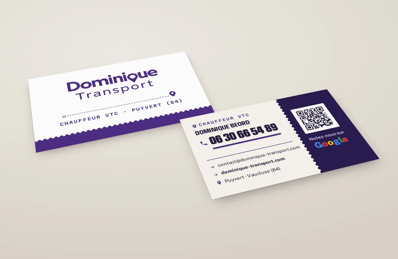 Cartes de visite de Dominique Transport, recto et verso, mise en situation