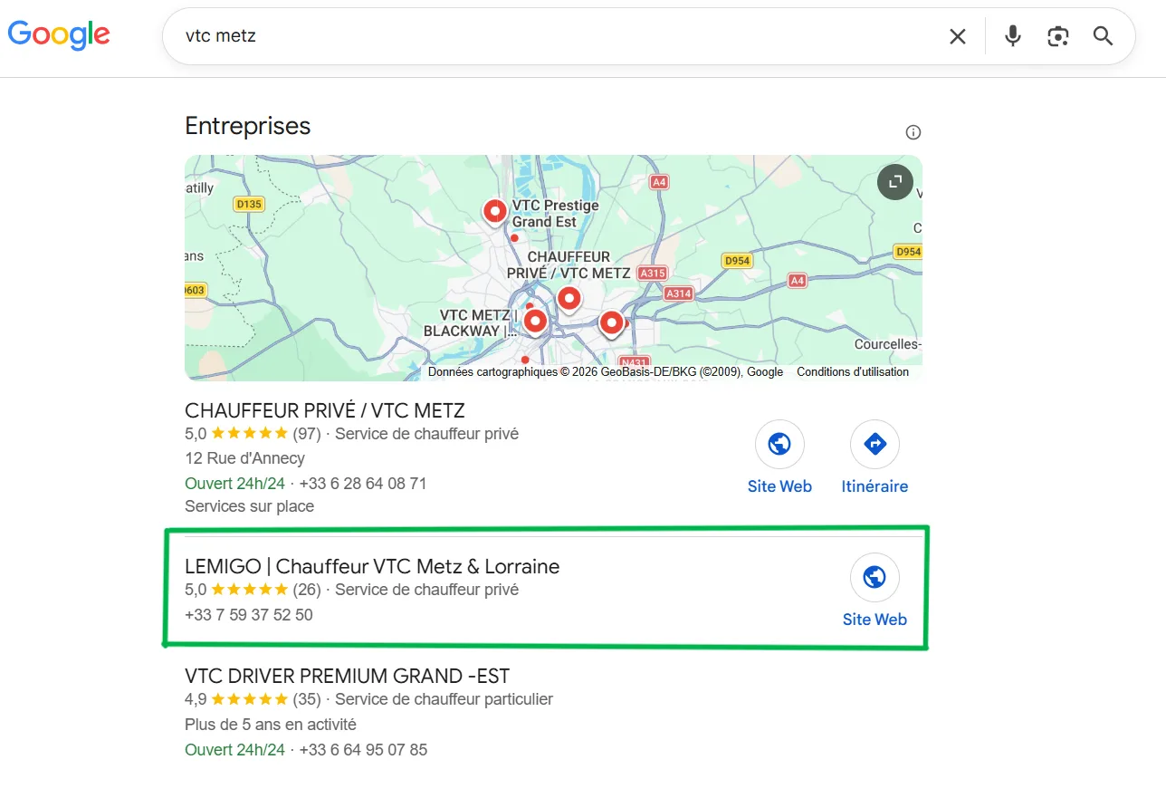 Pack local Google vtc metz : Lemigo VTC en 2e position avec une note de 5,0 sur 26 avis