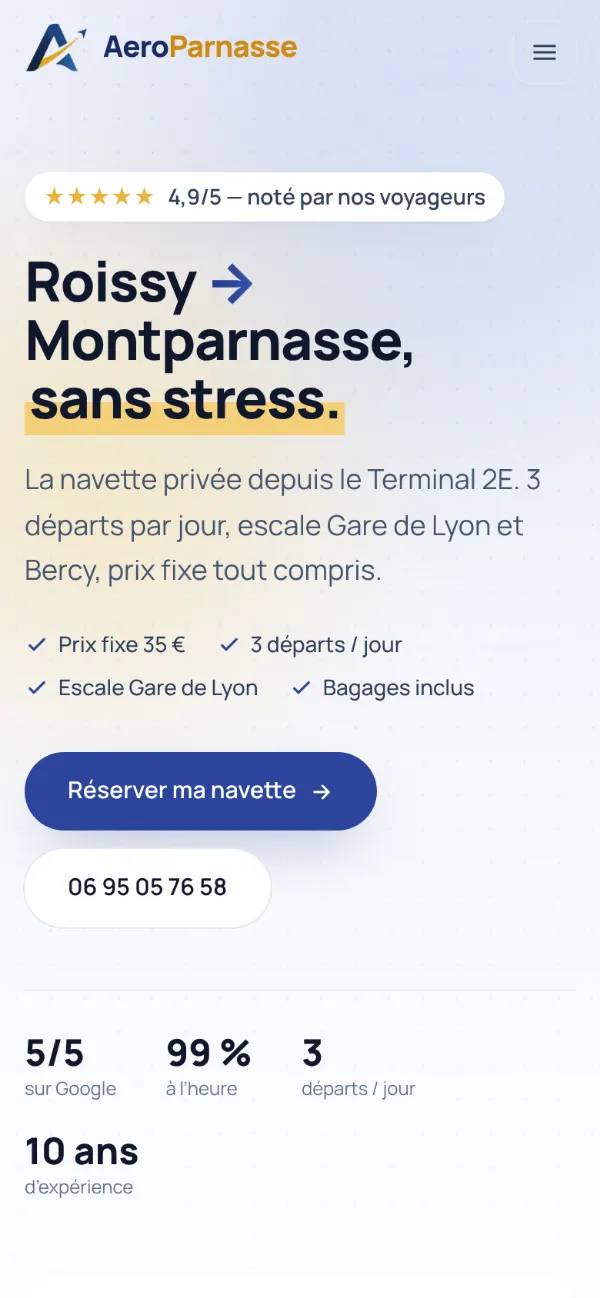 Le site de Aéroparnasse sur téléphone