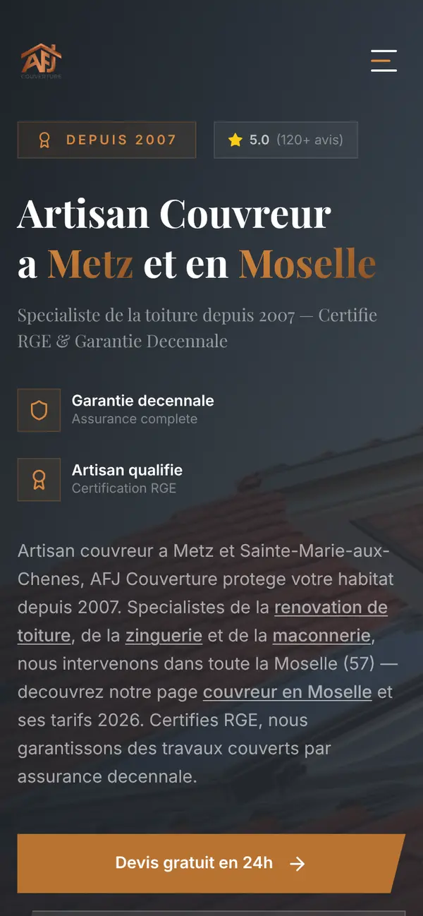 Le site de AFJ Couverture sur téléphone