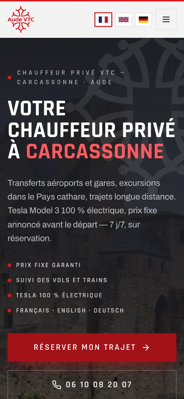 Le site de Aude VTC sur téléphone