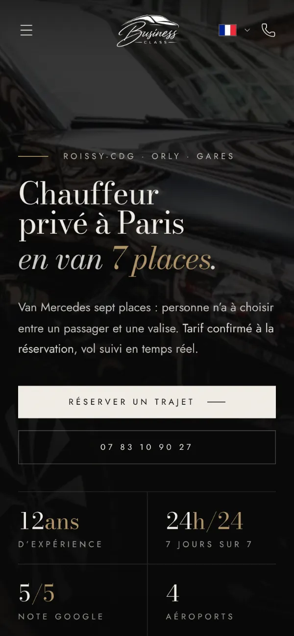 Le site de Business Class VTC sur téléphone