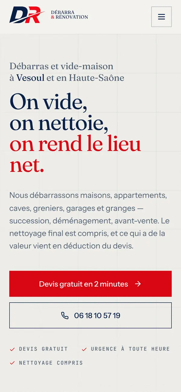 Le site de Débarra & Rénovation sur téléphone