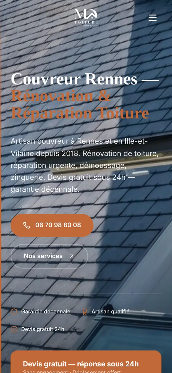 Le site de MD Toiture sur téléphone