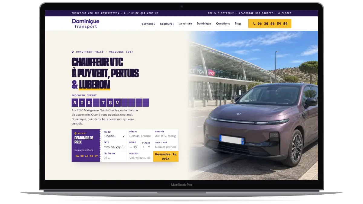 Site VTC Dominique Transport créé par Ozymandias Agency — Puyvert · Pertuis · Luberon (84)