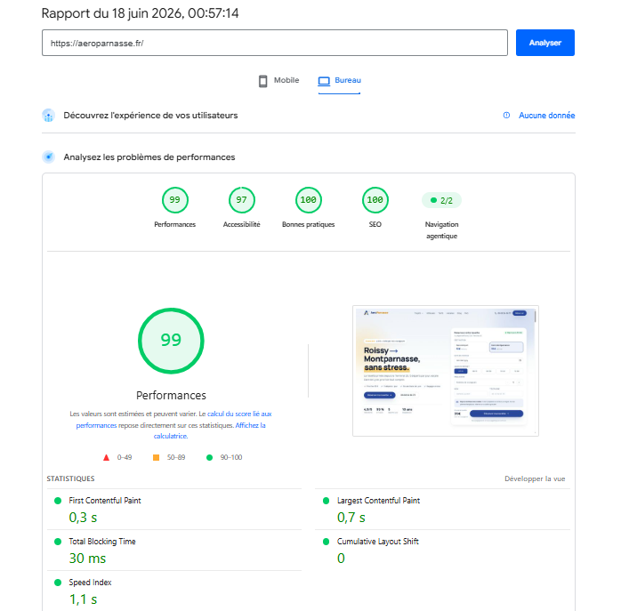 Google PageSpeed Insights — Aéroparnasse : SEO 100/100, Performance 99/100