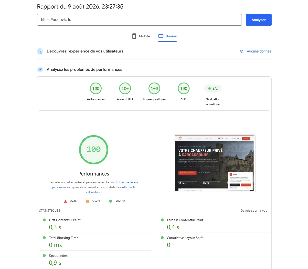 Google PageSpeed Insights — Aude VTC : 100/100 en Performances, Accessibilité, Bonnes pratiques et SEO, LCP 0,4 s