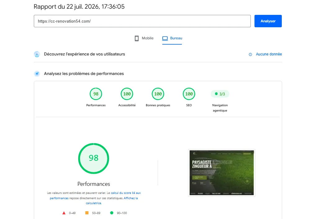 Google PageSpeed Insights — C.C Rénovation : Performances 98/100, SEO 100/100