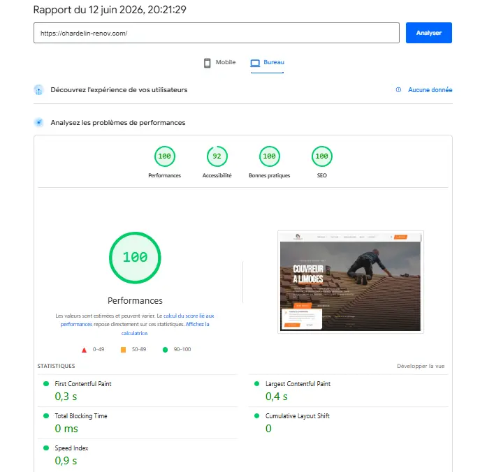 Rapport PageSpeed Chardelin Renov — 100/100 performances
