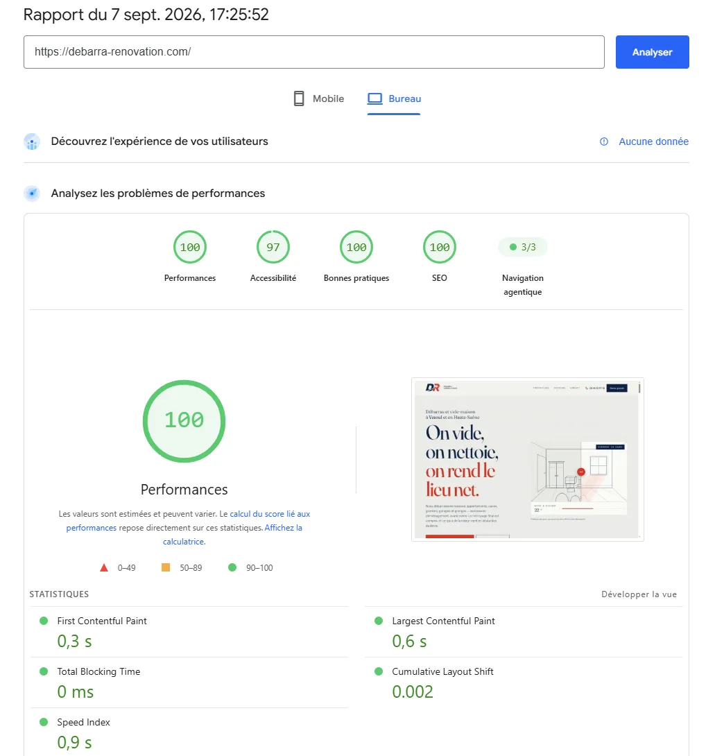 Google PageSpeed Insights — Débarra & Rénovation : 100 en Performances, 97 en Accessibilité, 100 en Bonnes pratiques, 100 en SEO, LCP 0,6 s