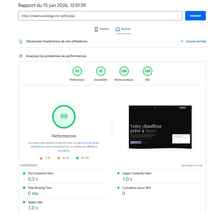 Google PageSpeed Insights — Dreams Prestige VTC : Performance 99/100, SEO 100/100