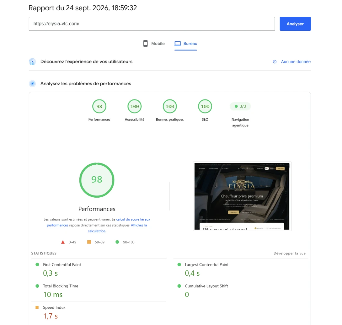 Rapport Google PageSpeed de elysia-vtc.com du 24 septembre 2026 : performances 98, accessibilité 100, bonnes pratiques 100, SEO 100
