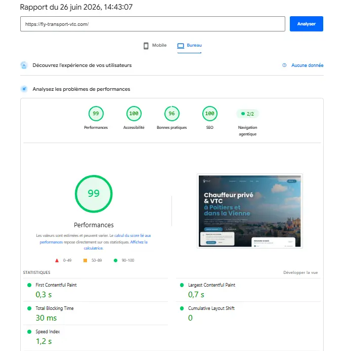 Rapport PageSpeed FLY Transport VTC