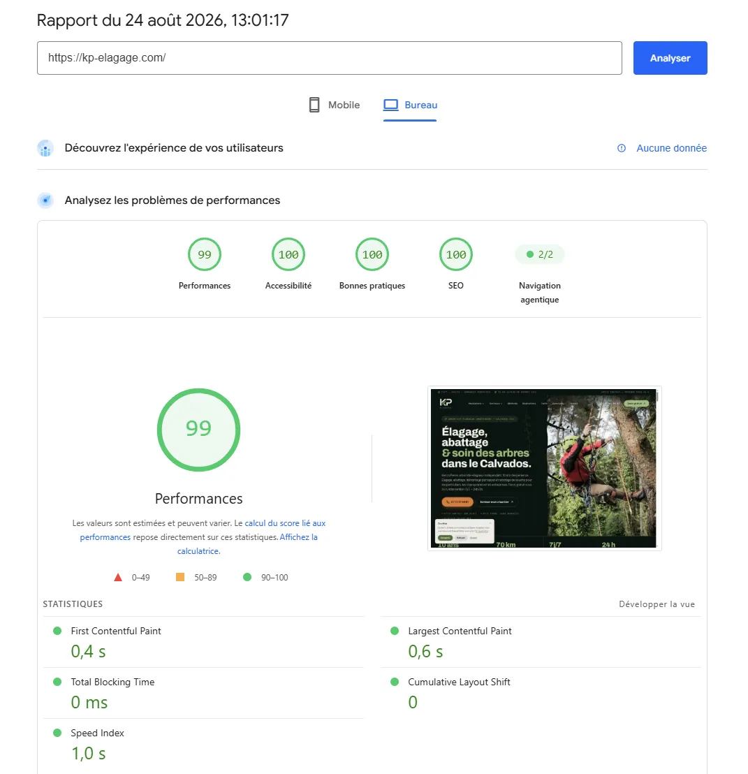 Google PageSpeed Insights — KP Élagage : 99 en Performances, 100 en Accessibilité, Bonnes pratiques et SEO, LCP 0,6 s