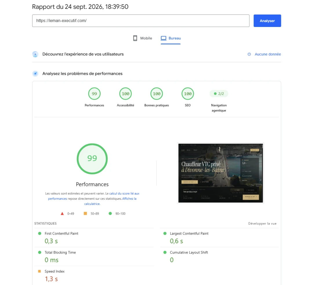Rapport Google PageSpeed de leman-executif.com du 24 septembre 2026 : performances 99, accessibilité 100, bonnes pratiques 100, SEO 100
