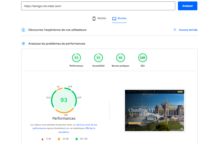Score Google PageSpeed Insights - Lemigo VTC Metz