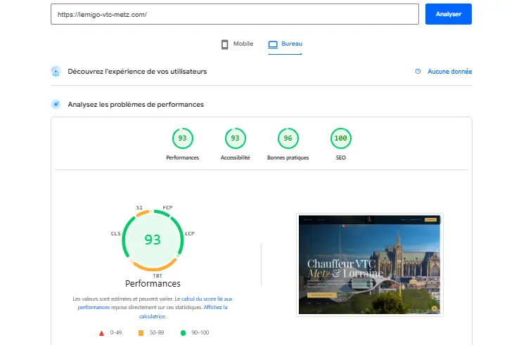 Score Google PageSpeed Insights - Lemigo VTC Metz