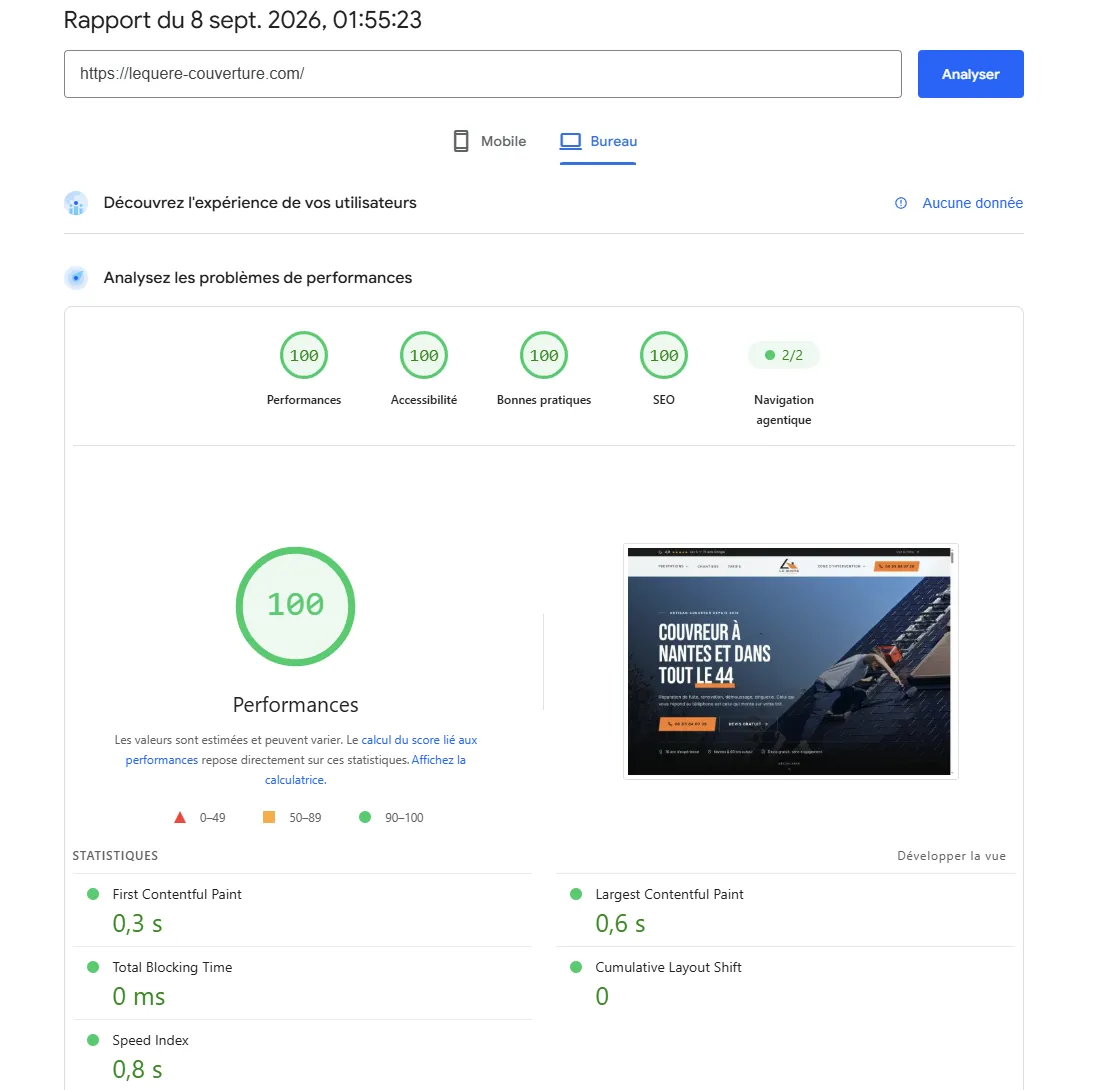 Google PageSpeed Insights — Le QUERE Couverture : 100/100 en Performances, Accessibilité, Bonnes pratiques et SEO, LCP 0,6 s