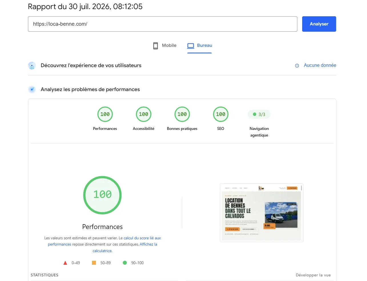 Google PageSpeed Insights — LocaBenne : 100/100 en Performances, Accessibilité, Bonnes pratiques et SEO