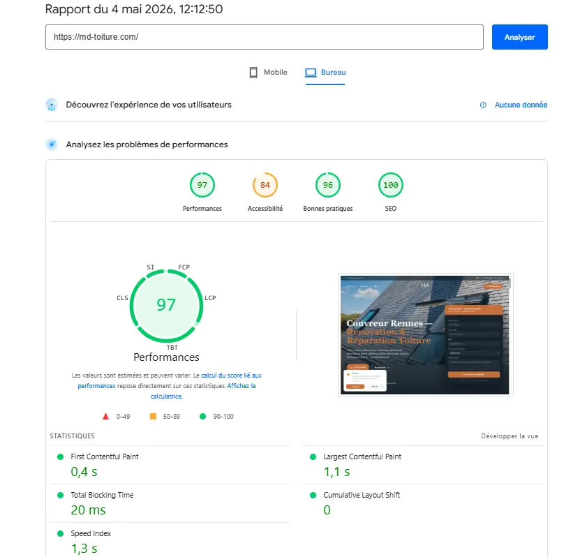 Rapport PageSpeed MD Toiture — 97/100 performances