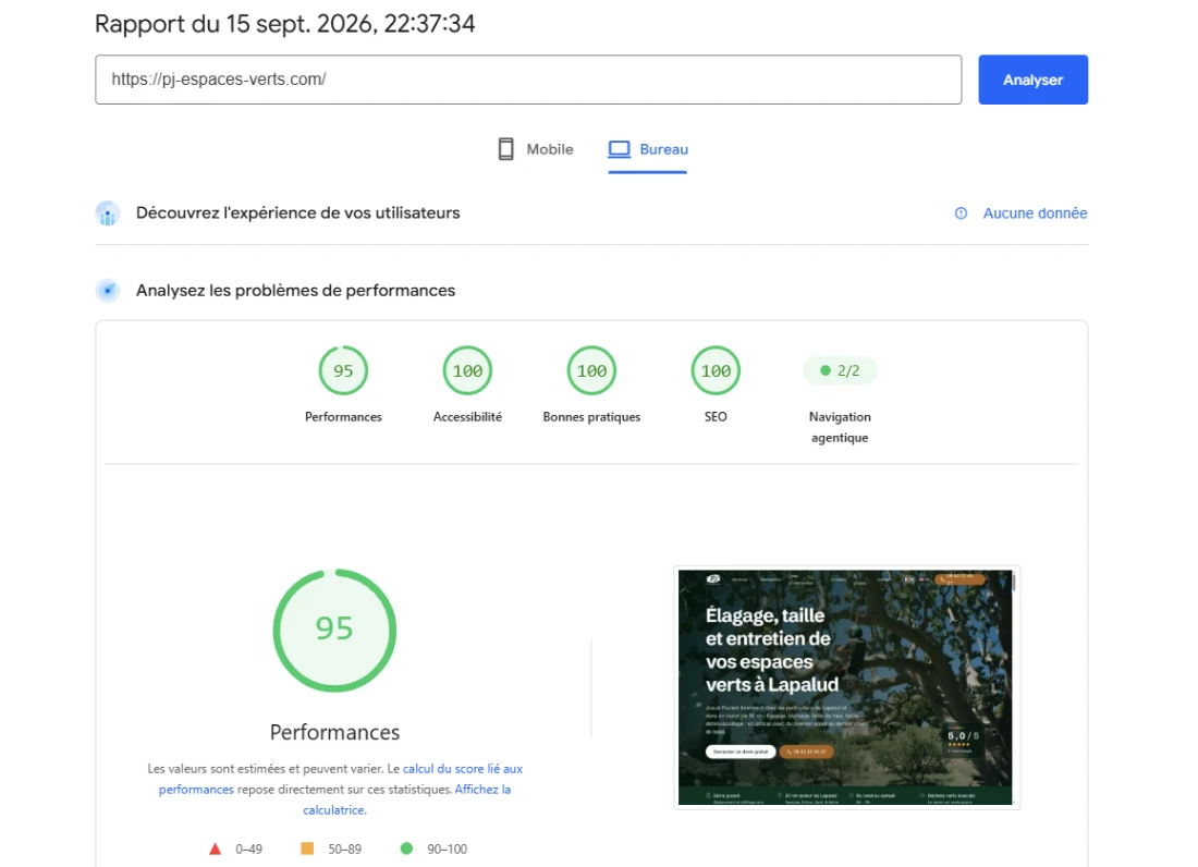 Rapport Google PageSpeed de pj-espaces-verts.com du 15 septembre 2026 : performances 95, accessibilité 100, bonnes pratiques 100, SEO 100