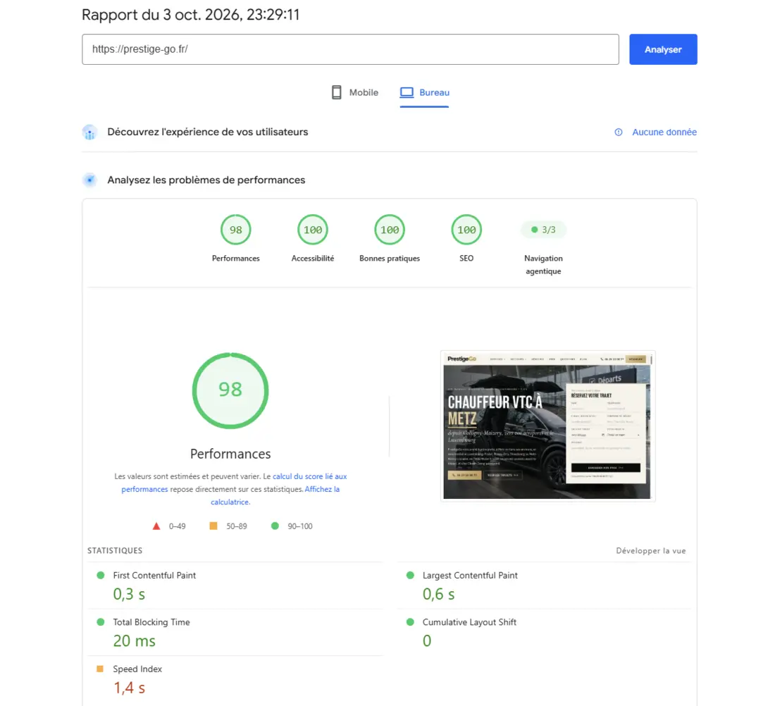 Rapport Google PageSpeed de prestige-go.fr du 3 octobre 2026 : performances 98, accessibilité 100, bonnes pratiques 100, SEO 100