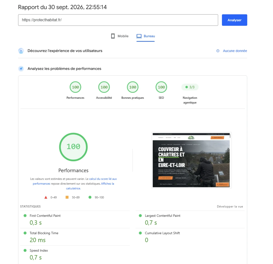 Rapport Google PageSpeed de protecthabitat.fr du 30 septembre 2026 : performances 100, accessibilité 100, bonnes pratiques 100, SEO 100