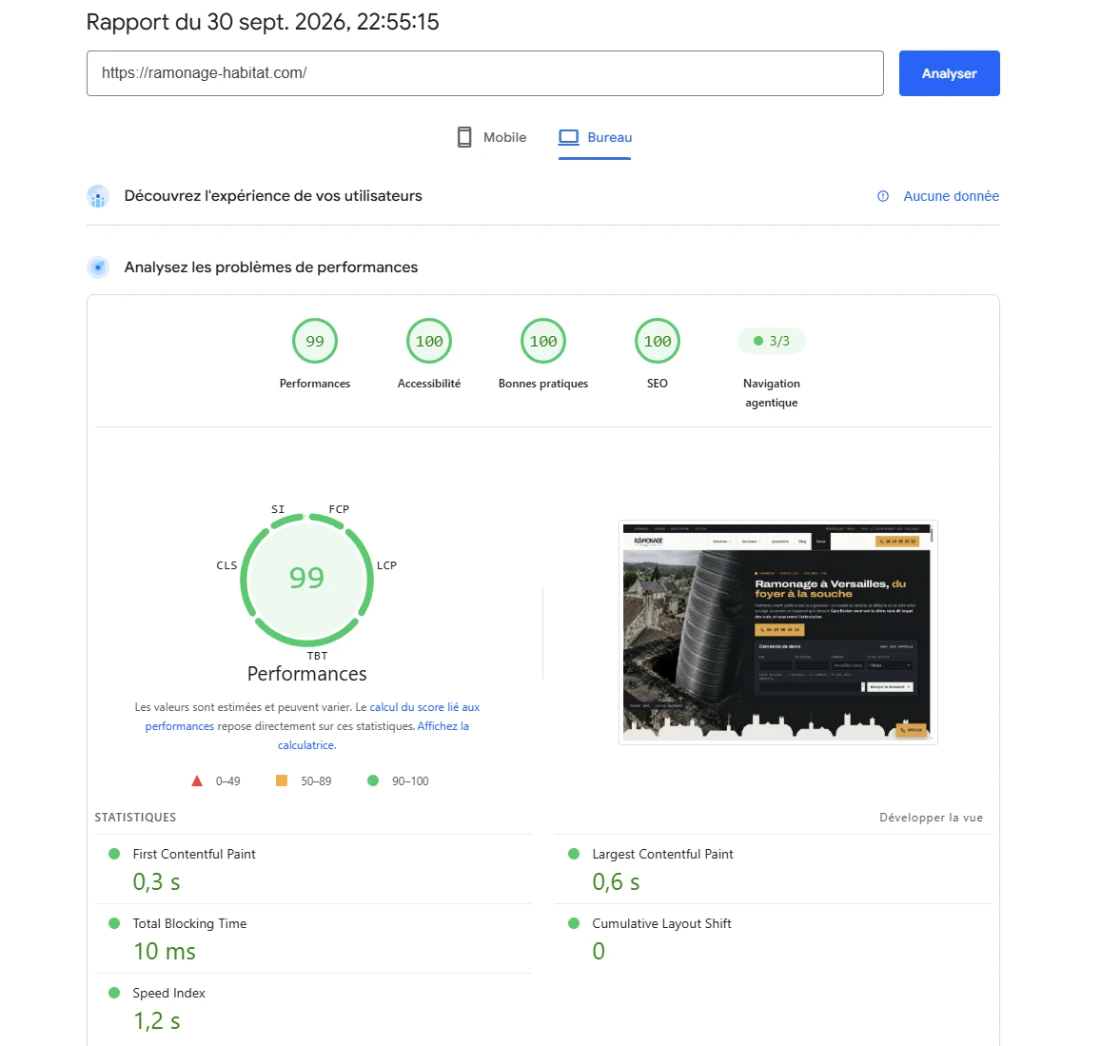 Rapport Google PageSpeed de ramonage-habitat.com du 30 septembre 2026 : performances 99, accessibilité 100, bonnes pratiques 100, SEO 100