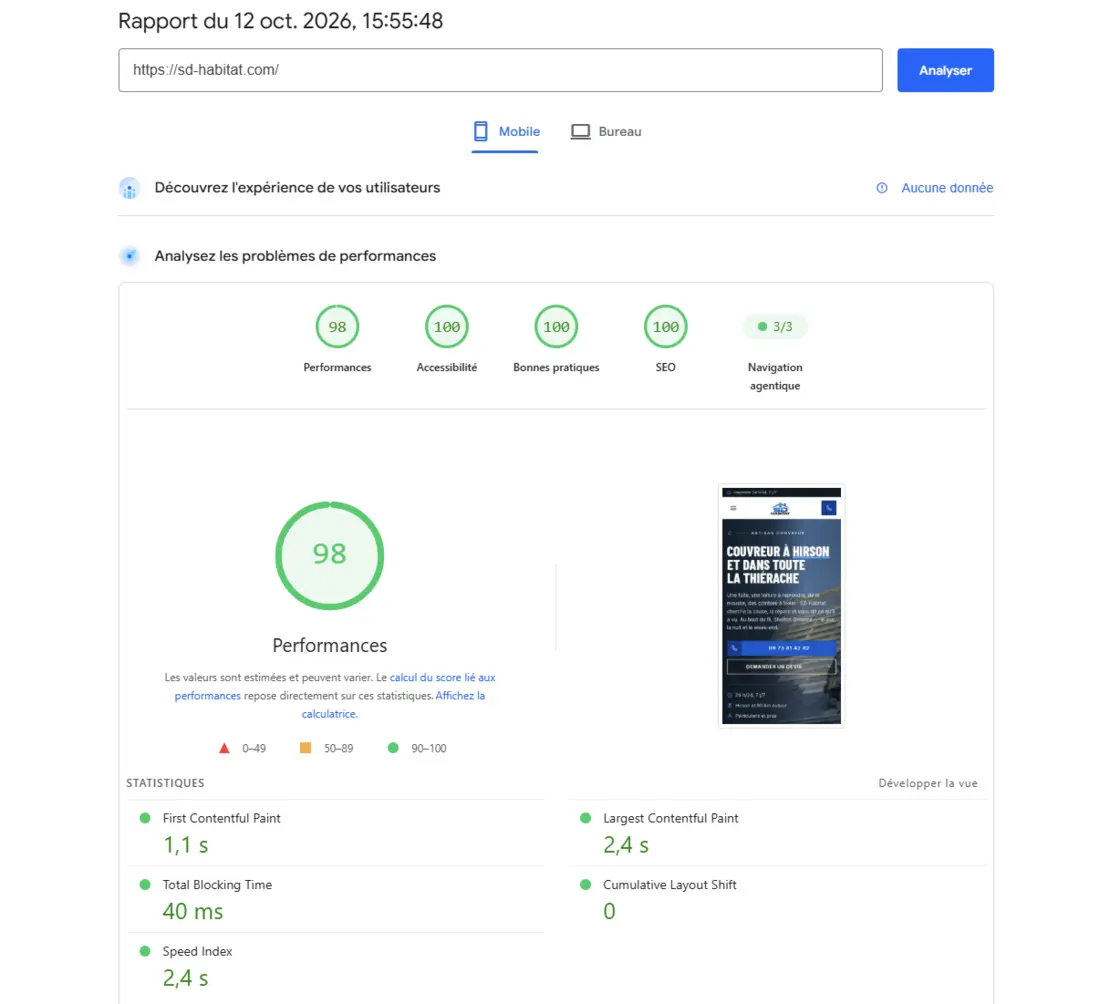 Rapport Google PageSpeed de sd-habitat.com du 12 octobre 2026 : performances 98, accessibilité 100, bonnes pratiques 100, SEO 100