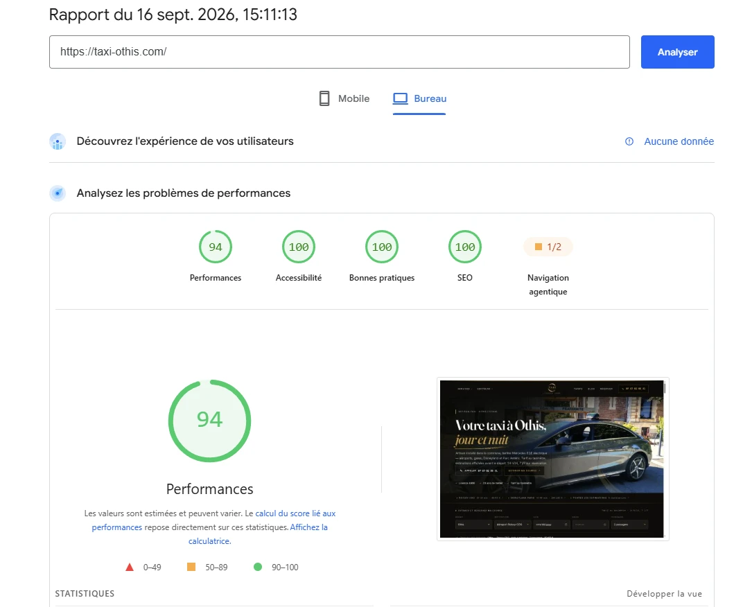 Rapport Google PageSpeed de taxi-othis.com du 16 septembre 2026 : performances 94, accessibilité 100, bonnes pratiques 100, SEO 100