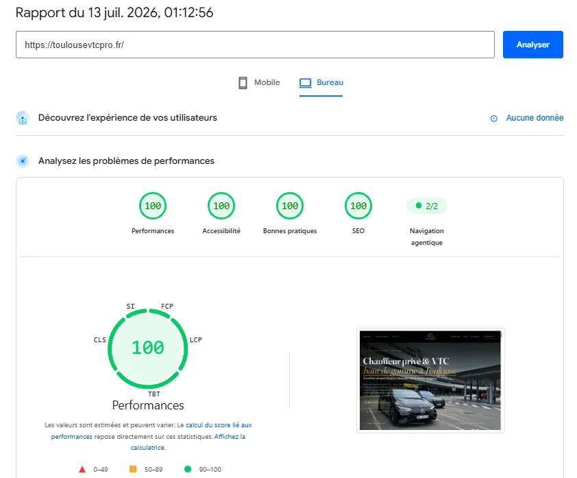 Google PageSpeed Insights — Toulouse VTC Pro : 100/100 en Performances, Accessibilité, Bonnes pratiques et SEO