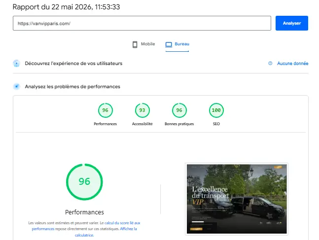 Rapport PageSpeed Van VIP Paris