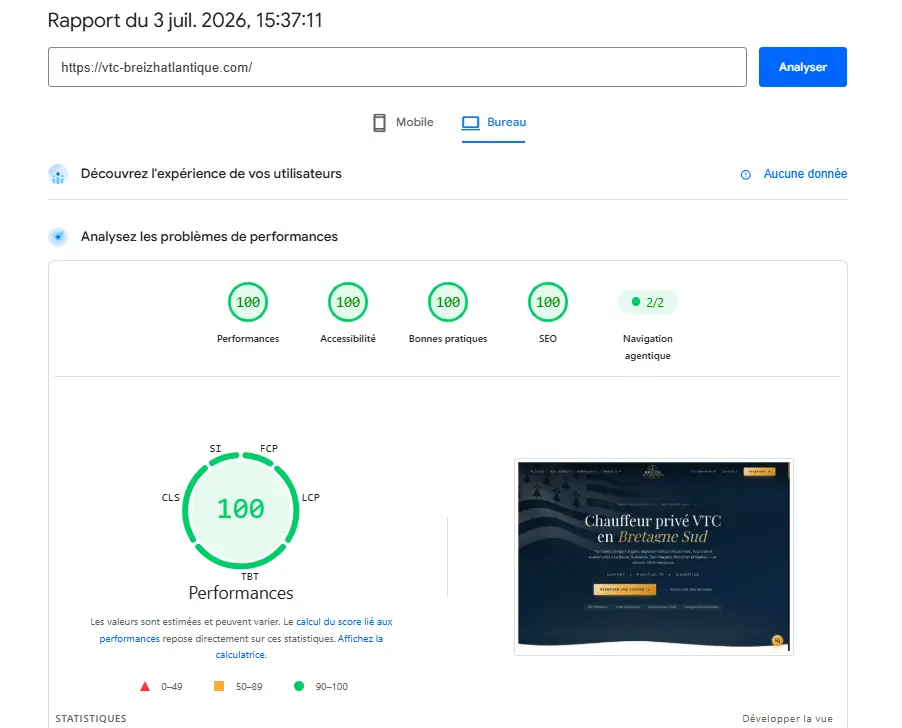 Google PageSpeed Insights — VTC Breizh Atlantique : 100/100 en Performances, Accessibilité, Bonnes pratiques et SEO