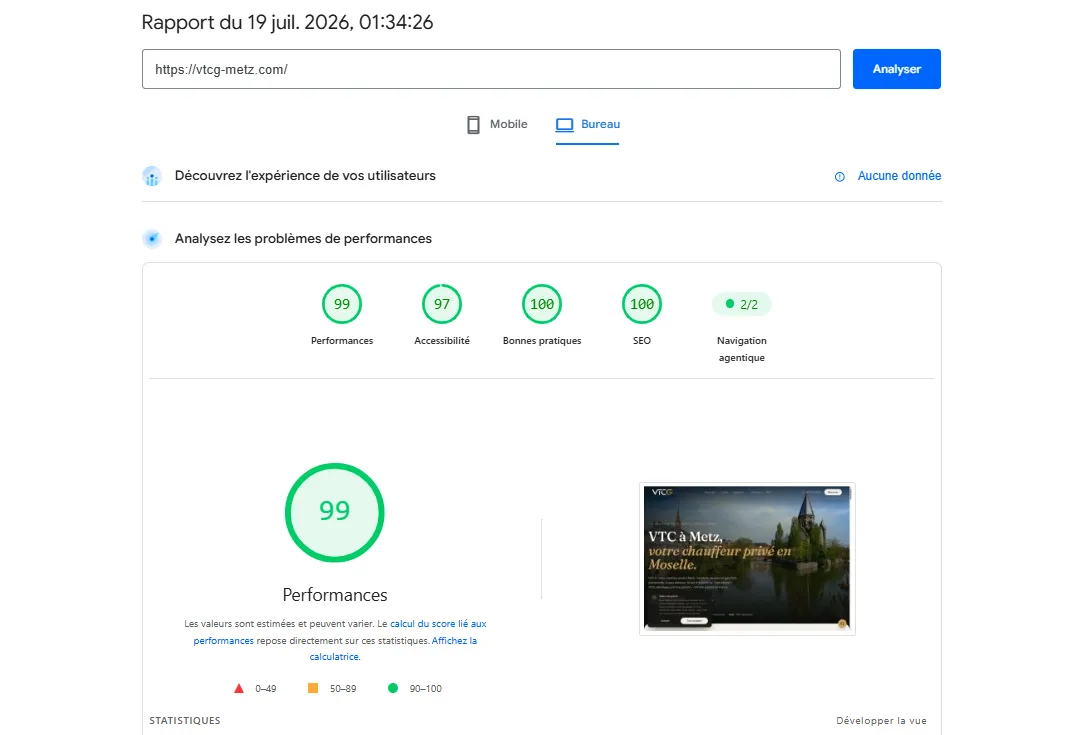 Google PageSpeed Insights — VTC G : Performances 99/100, SEO 100/100