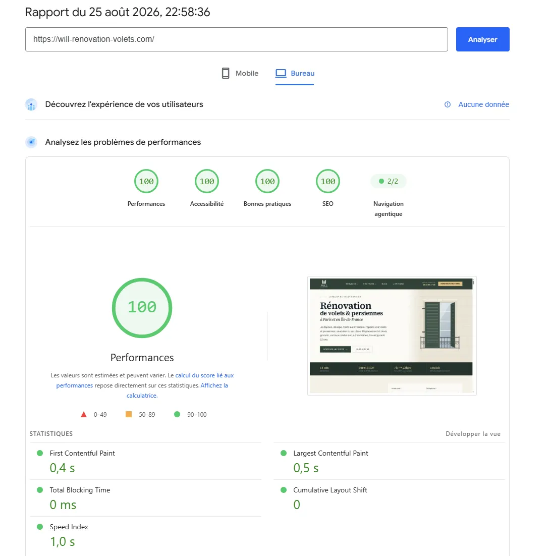Google PageSpeed Insights — Will Rénovation Volets : 100/100 en Performances, Accessibilité, Bonnes pratiques et SEO, LCP 0,5 s