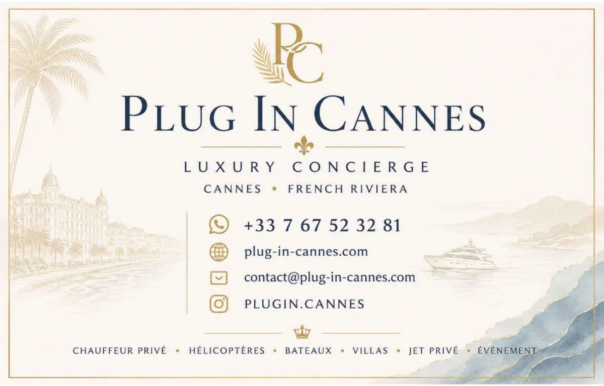 Carte de visite Plug-In Cannes — recto avec monogramme PC doré, téléphone WhatsApp, site et Instagram