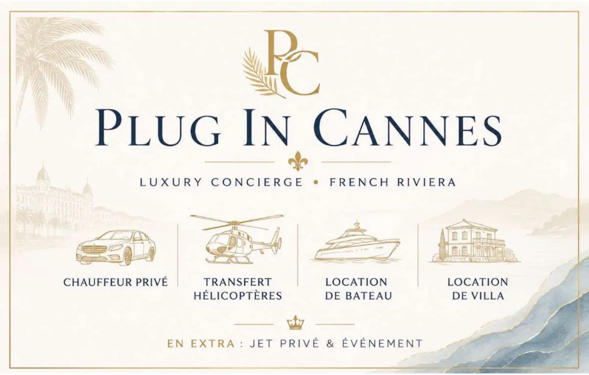 Carte de visite Plug-In Cannes — verso présentant chauffeur privé, transfert hélicoptère, location de bateau et de villa