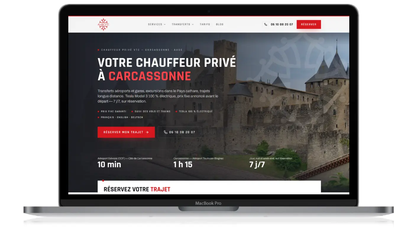 Aude VTC — Aperçu du site web refondu, chauffeur privé à Carcassonne