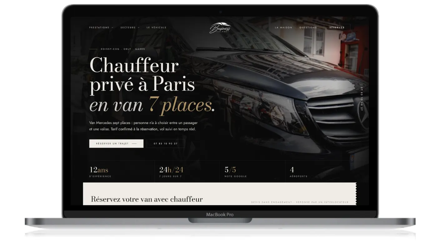 Business Class — Aperçu du site web, chauffeur privé en van 7 places à Paris