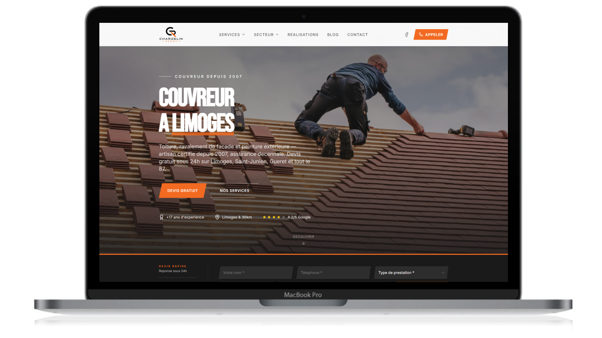 Chardelin Renov — mockup MacBook Pro, site couvreur & façade Limoges par Ozymandias Agency