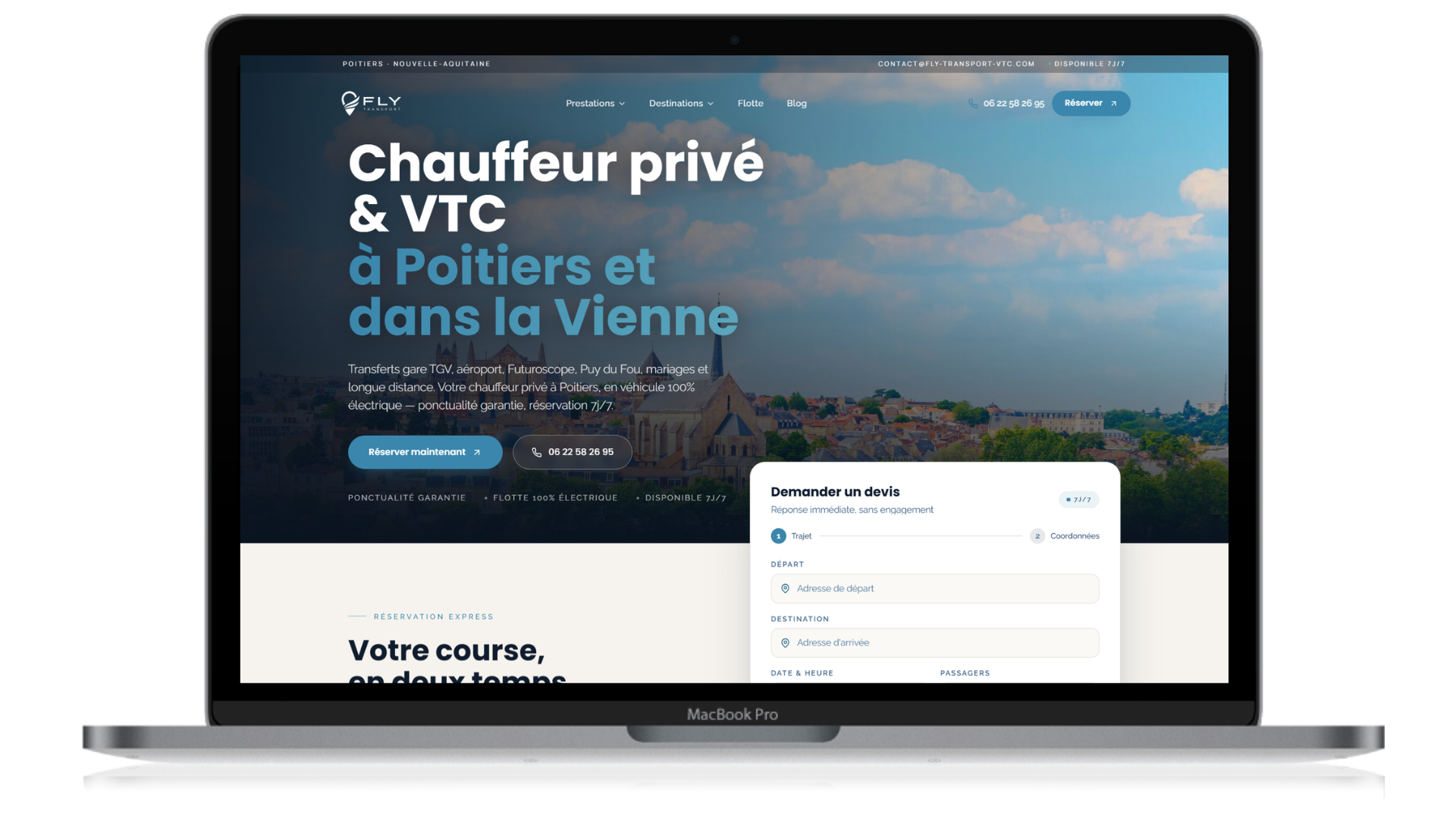 FLY Transport VTC — Aperçu du site web chauffeur privé 100% électrique à Poitiers
