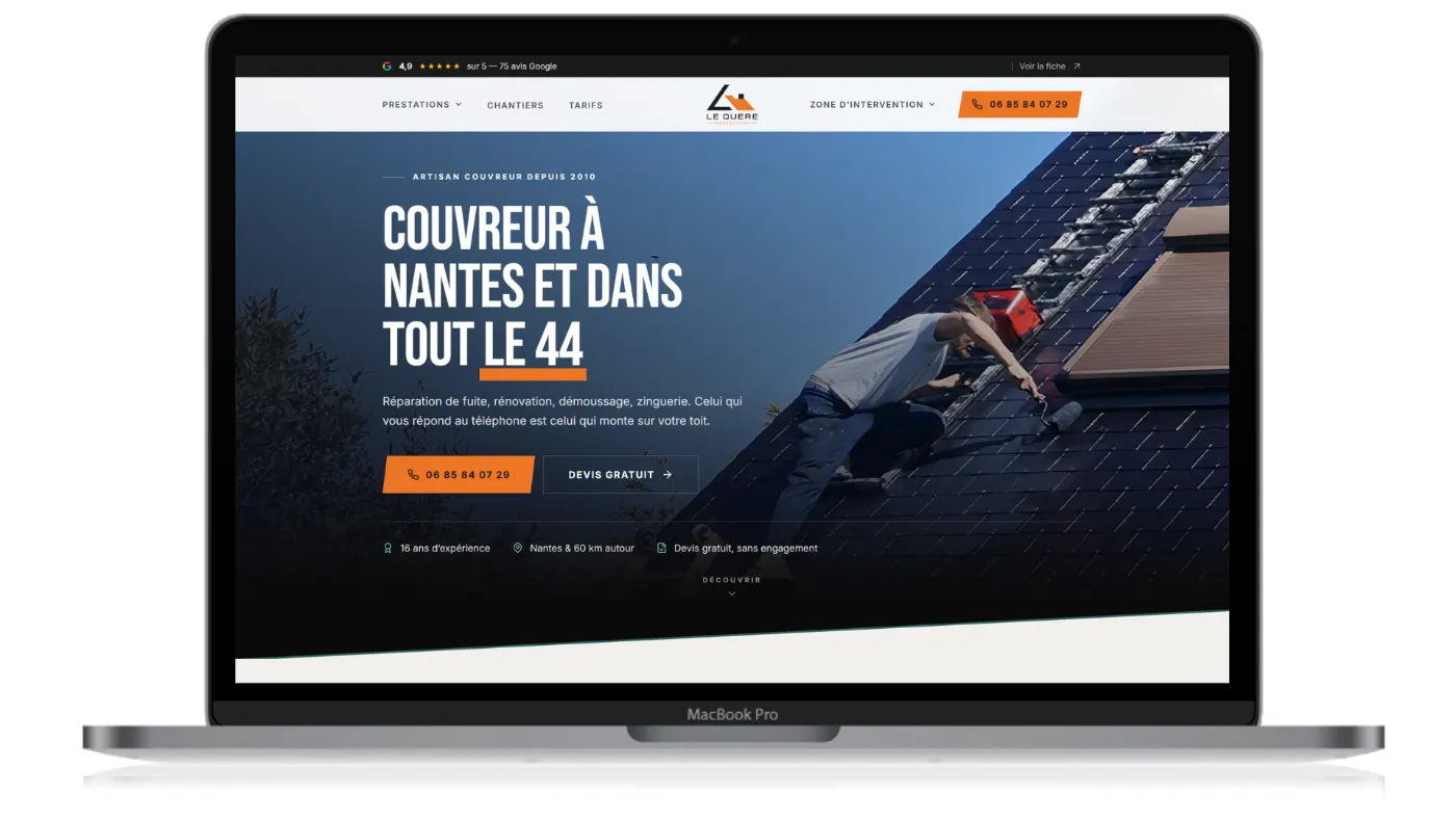 Le QUERE Couverture — Aperçu du site web, couvreur à Nantes et en Loire-Atlantique