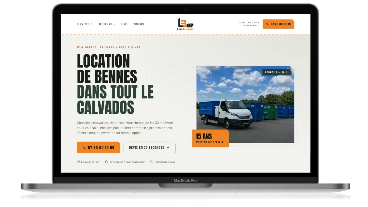 LocaBenne — Aperçu du site web de location de bennes dans le Calvados