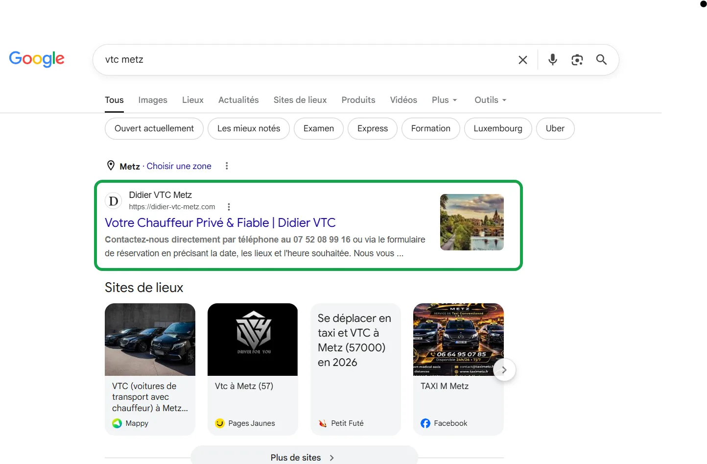 Résultats Google pour la recherche vtc metz : Didier VTC Metz en première position organique