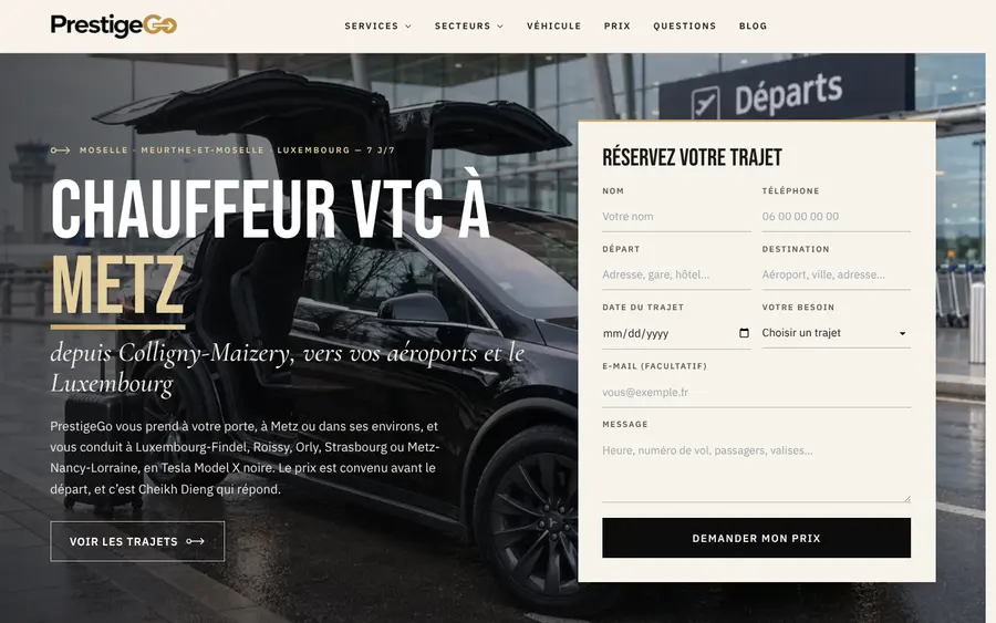 Page d'accueil du site prestige-go.fr, créé par Ozymandias pour PrestigeGo