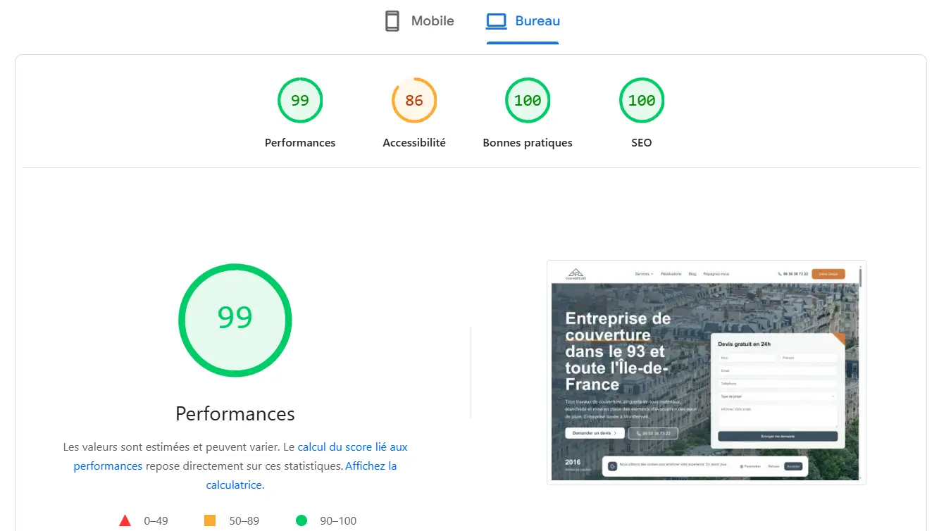 Score PageSpeed NR Couverture - site couvreur optimise mobile par Ozymandias Agency