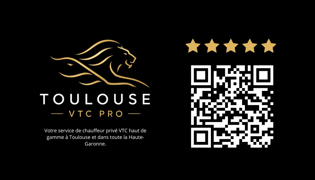 Carte de visite Toulouse VTC Pro — verso avec 5 étoiles et QR code avis Google