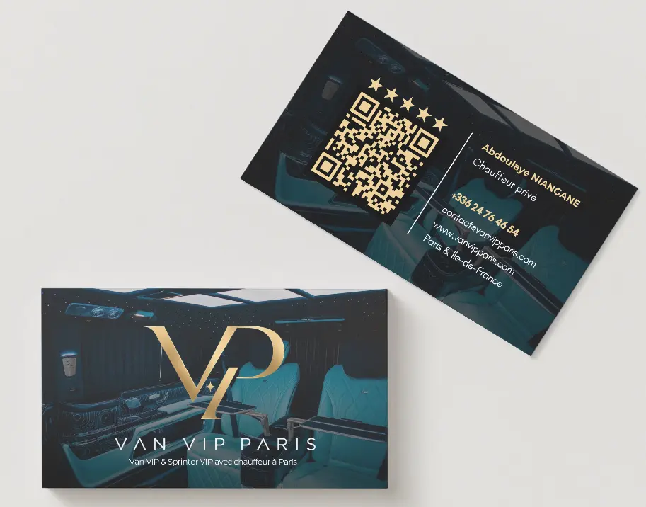 Carte de visite VTC Van VIP Paris avec QR code de réservation