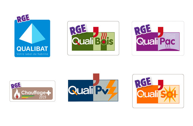Logos des certifications RGE : Qualibat, QualiBois, QualiPac, QualiPv, QualiSol